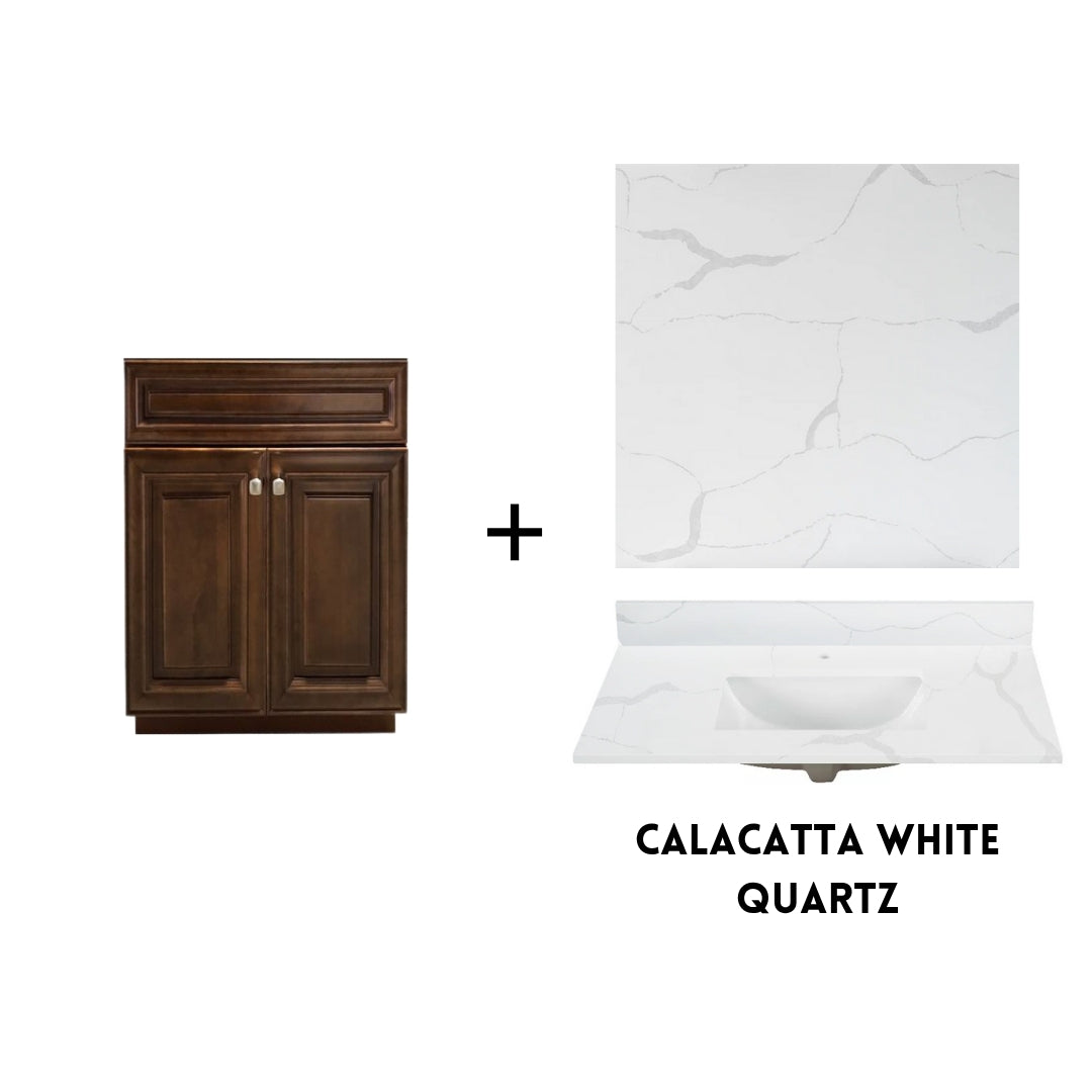 RTA Maple Walnut Raised Panel 24" Freestanding Bathroom Vanity Sink Base with Optional Quartz or Ceramic Countertop