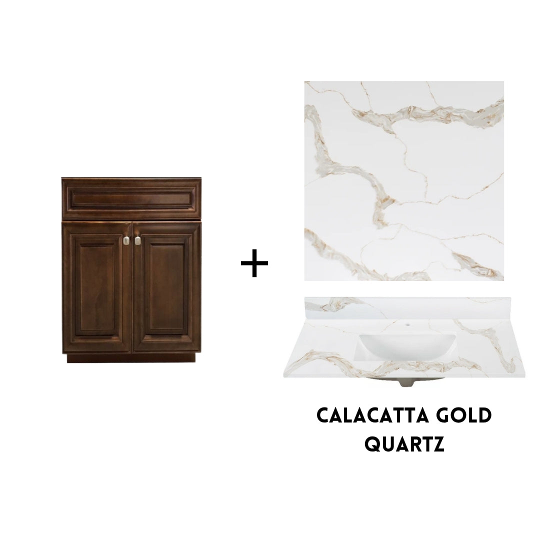 RTA Maple Walnut Raised Panel 24" Freestanding Bathroom Vanity Sink Base with Optional Quartz or Ceramic Countertop