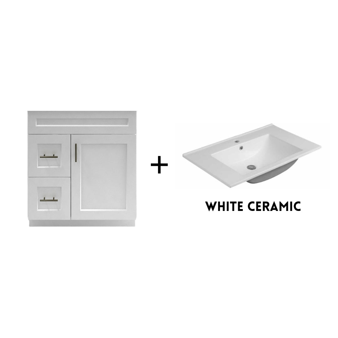 RTA White Shaker 30" Freestanding Bathroom Vanity Combo Base with Optional Quartz or Ceramic Countertop