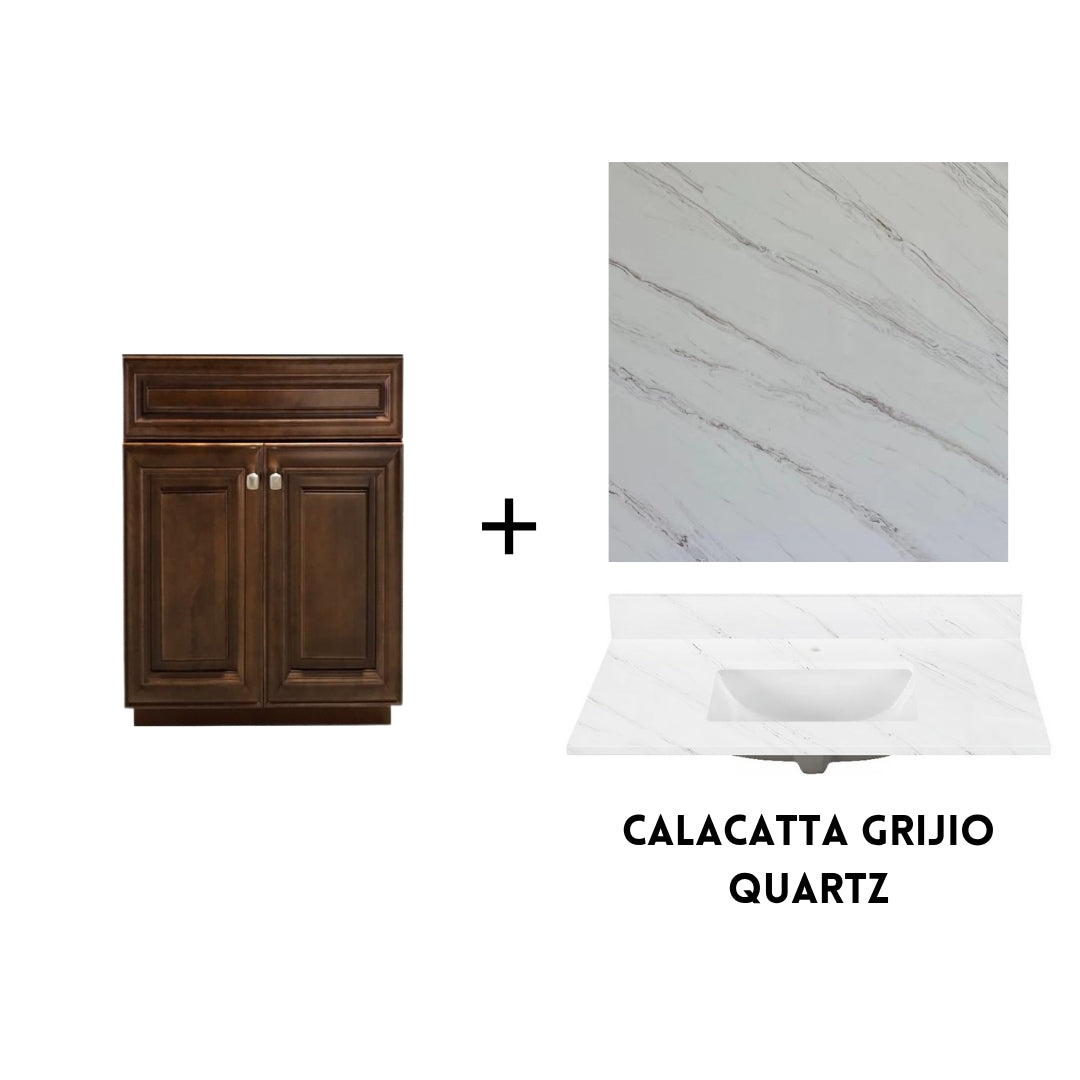 RTA Maple Walnut Raised Panel 24" Freestanding Bathroom Vanity Sink Base with Optional Quartz or Ceramic Countertop