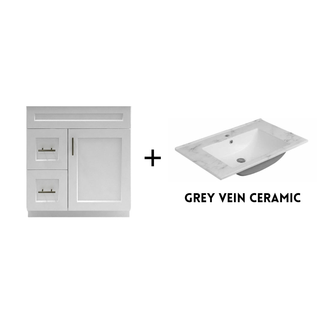 RTA White Shaker 30" Freestanding Bathroom Vanity Combo Base with Optional Quartz or Ceramic Countertop