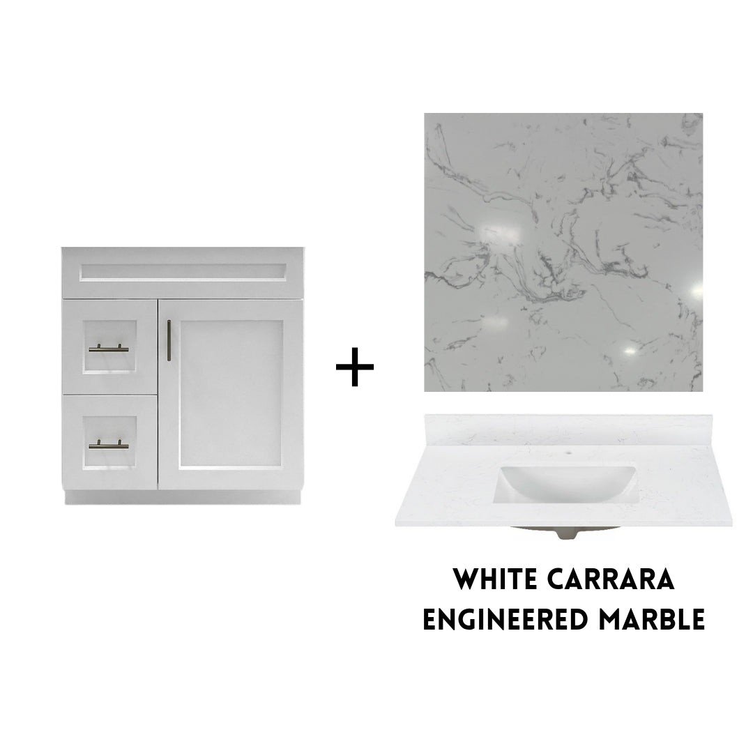 RTA White Shaker 30" Freestanding Bathroom Vanity Combo Base with Optional Quartz or Ceramic Countertop