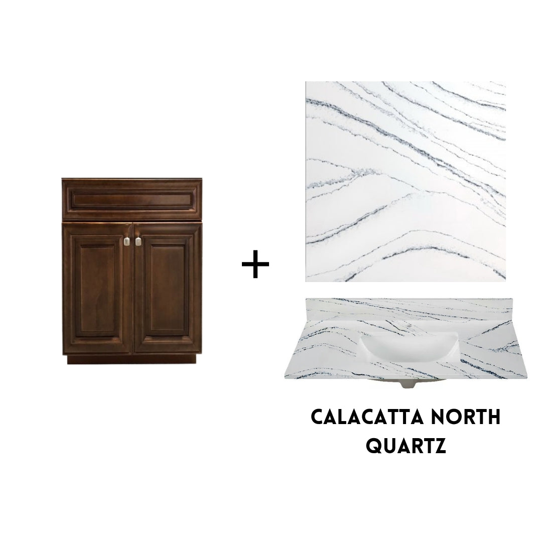 RTA Maple Walnut Raised Panel 24" Freestanding Bathroom Vanity Sink Base with Optional Quartz or Ceramic Countertop