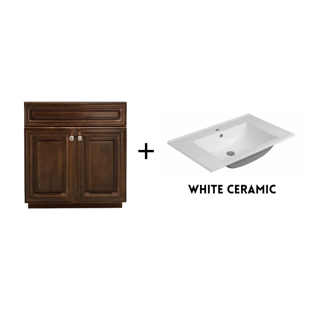RTA Maple Walnut Raised Panel 30" Freestanding Bathroom Vanity Sink Base with Optional Quartz or Ceramic Countertop