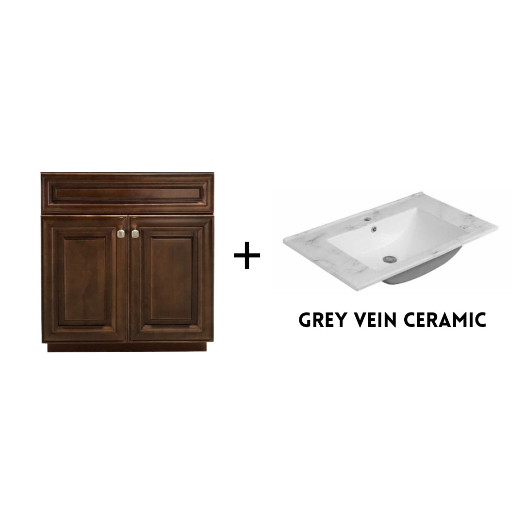 RTA Maple Walnut Raised Panel 30" Freestanding Bathroom Vanity Sink Base with Optional Quartz or Ceramic Countertop