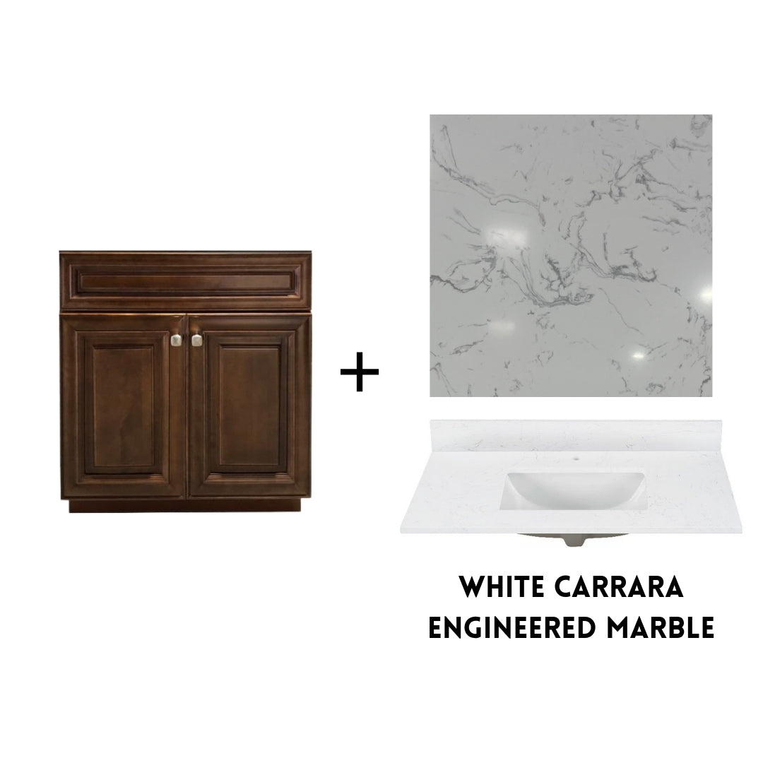 RTA Maple Walnut Raised Panel 30" Freestanding Bathroom Vanity Sink Base with Optional Quartz or Ceramic Countertop