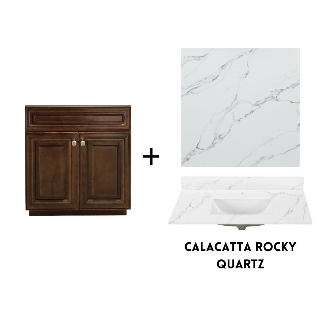 RTA Maple Walnut Raised Panel 30" Freestanding Bathroom Vanity Sink Base with Optional Quartz or Ceramic Countertop