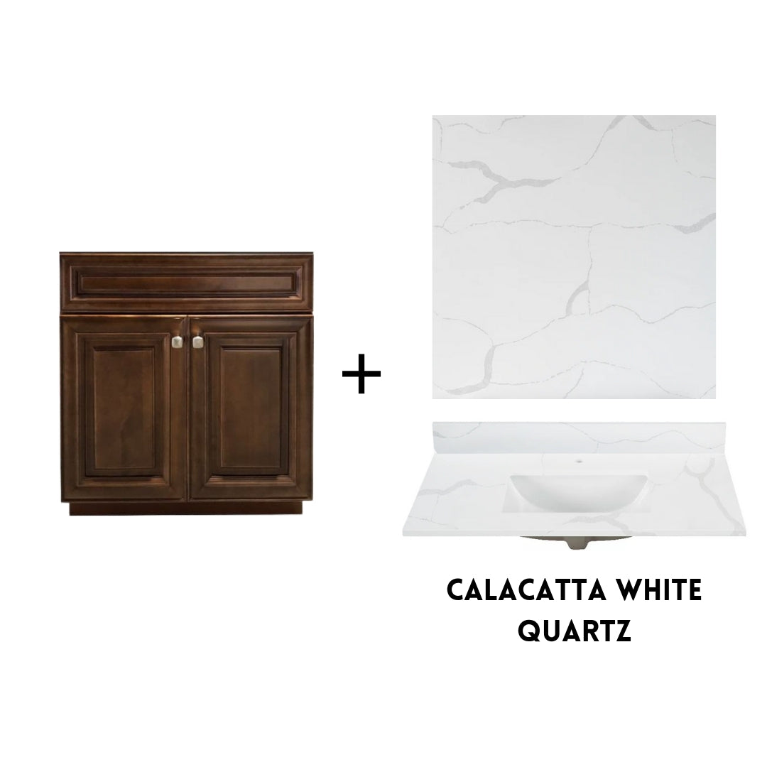 RTA Maple Walnut Raised Panel 30" Freestanding Bathroom Vanity Sink Base with Optional Quartz or Ceramic Countertop