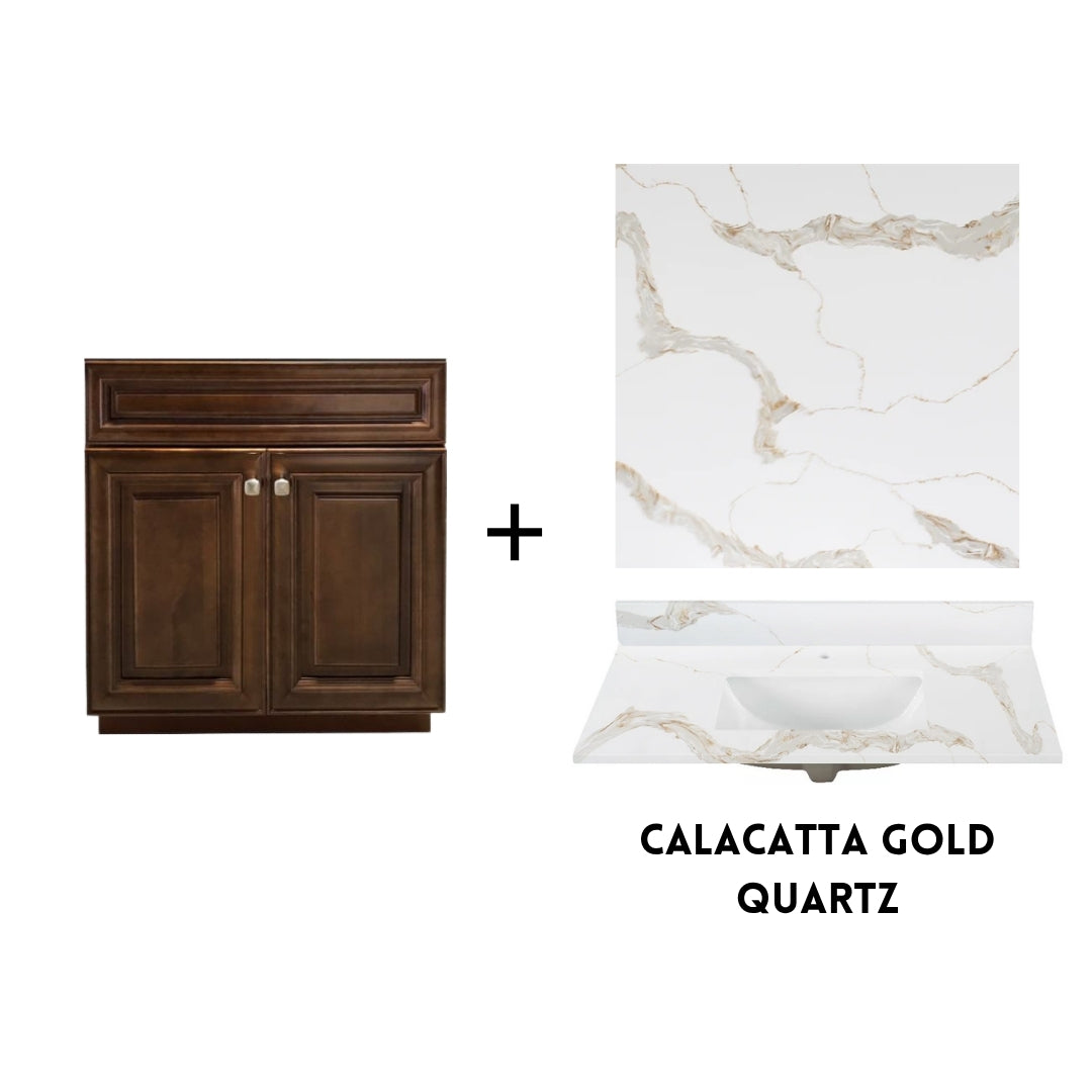 RTA Maple Walnut Raised Panel 30" Freestanding Bathroom Vanity Sink Base with Optional Quartz or Ceramic Countertop