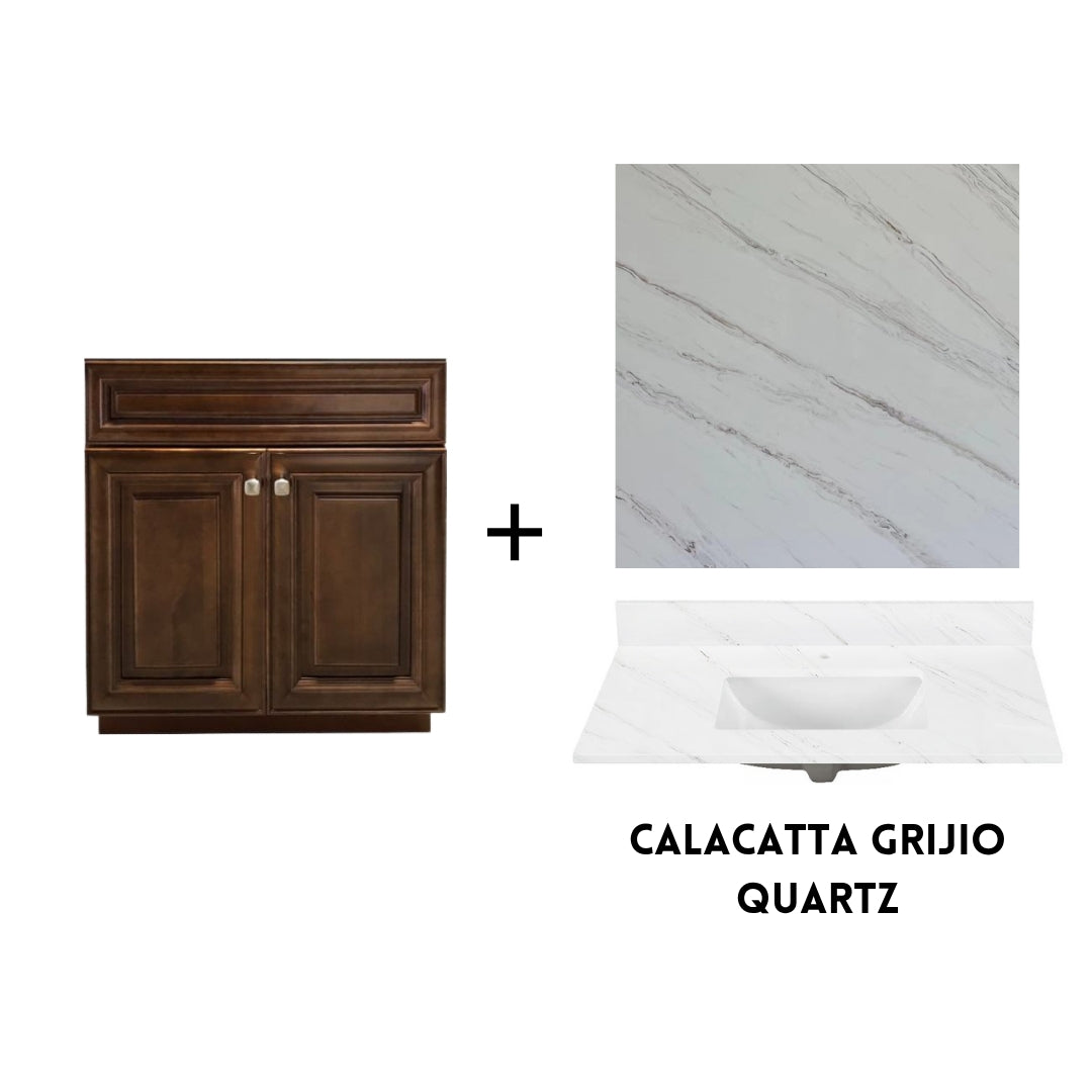 RTA Maple Walnut Raised Panel 30" Freestanding Bathroom Vanity Sink Base with Optional Quartz or Ceramic Countertop