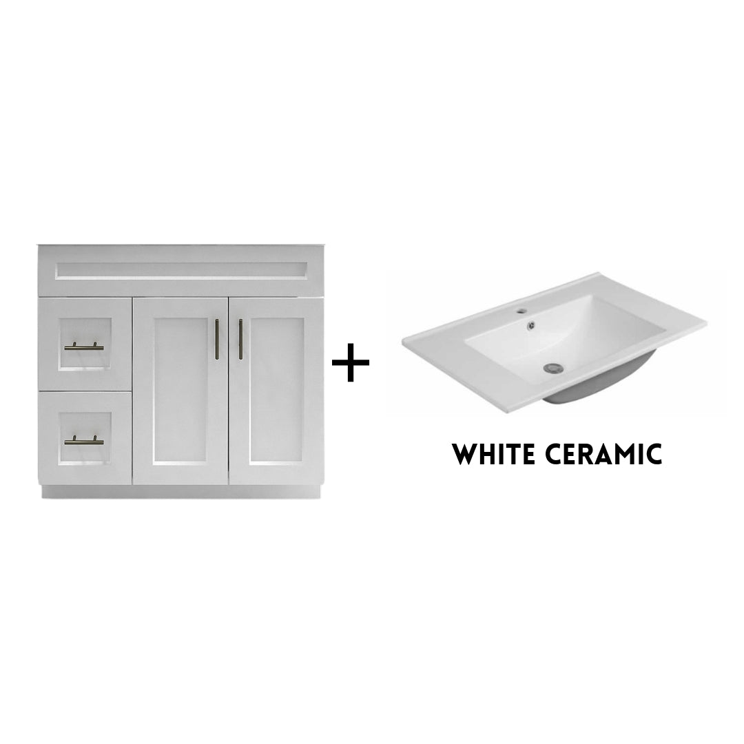 RTA White Shaker 36" Freestanding Bathroom Vanity Combo Base with Optional Quartz or Ceramic Countertop
