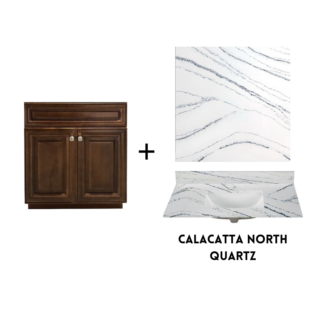 RTA Maple Walnut Raised Panel 30" Freestanding Bathroom Vanity Sink Base with Optional Quartz or Ceramic Countertop