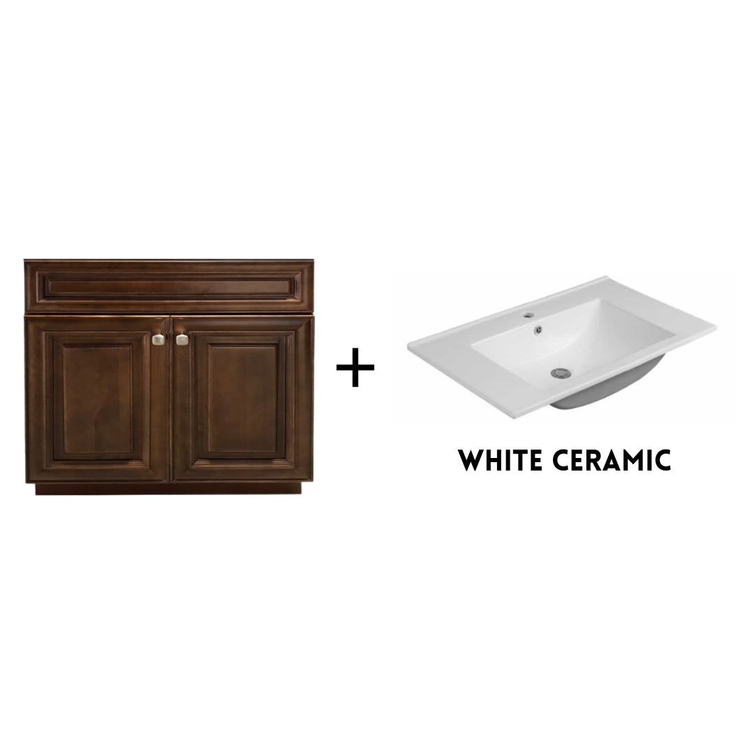 RTA Maple Walnut Raised Panel 36" Freestanding Bathroom Vanity Sink Base with Optional Quartz or Ceramic Countertop