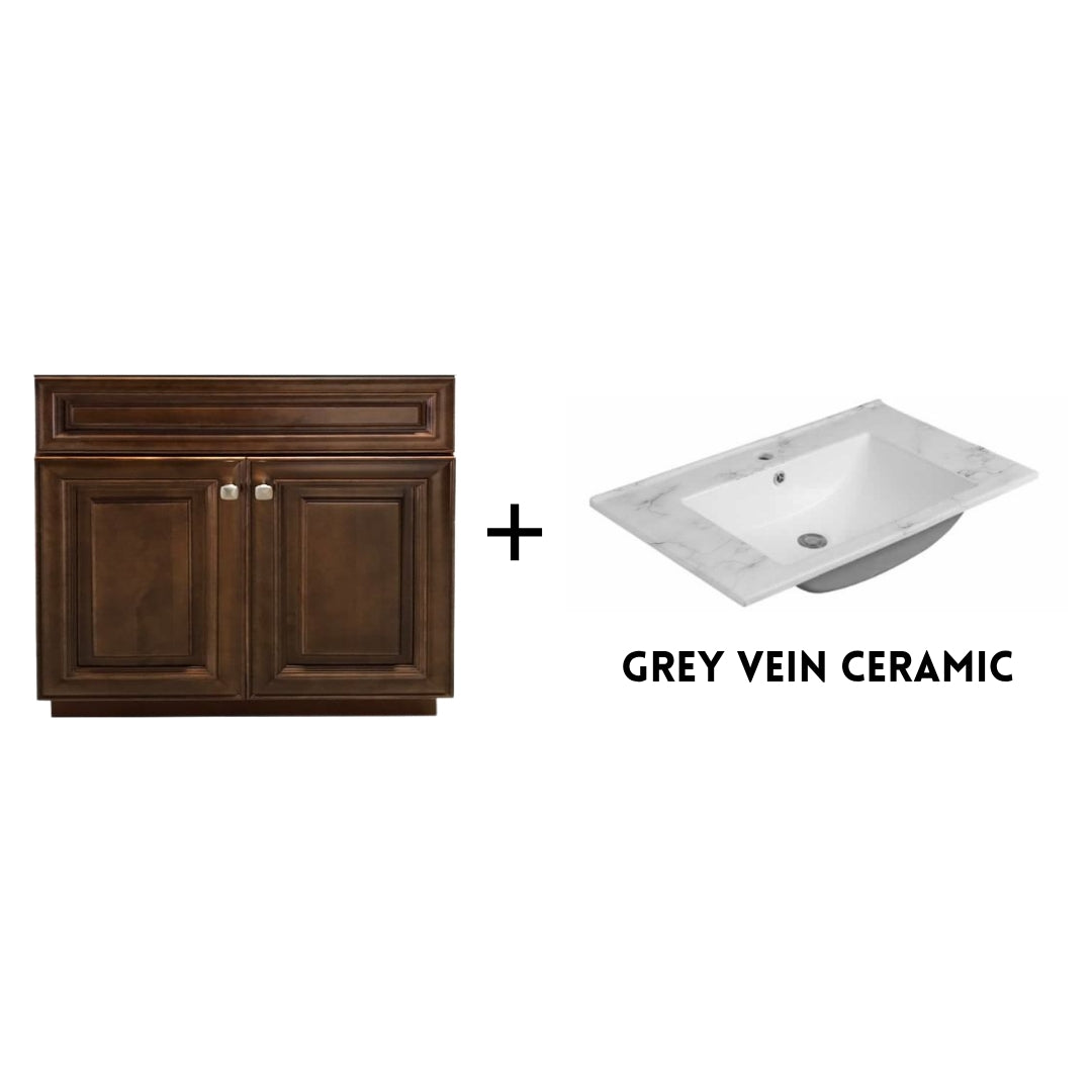 RTA Maple Walnut Raised Panel 36" Freestanding Bathroom Vanity Sink Base with Optional Quartz or Ceramic Countertop