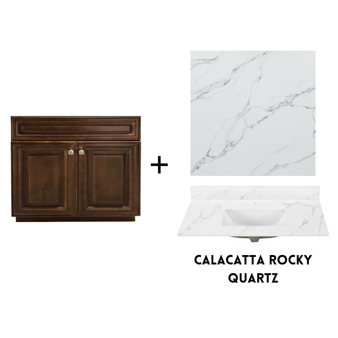 RTA Maple Walnut Raised Panel 36" Freestanding Bathroom Vanity Sink Base with Optional Quartz or Ceramic Countertop
