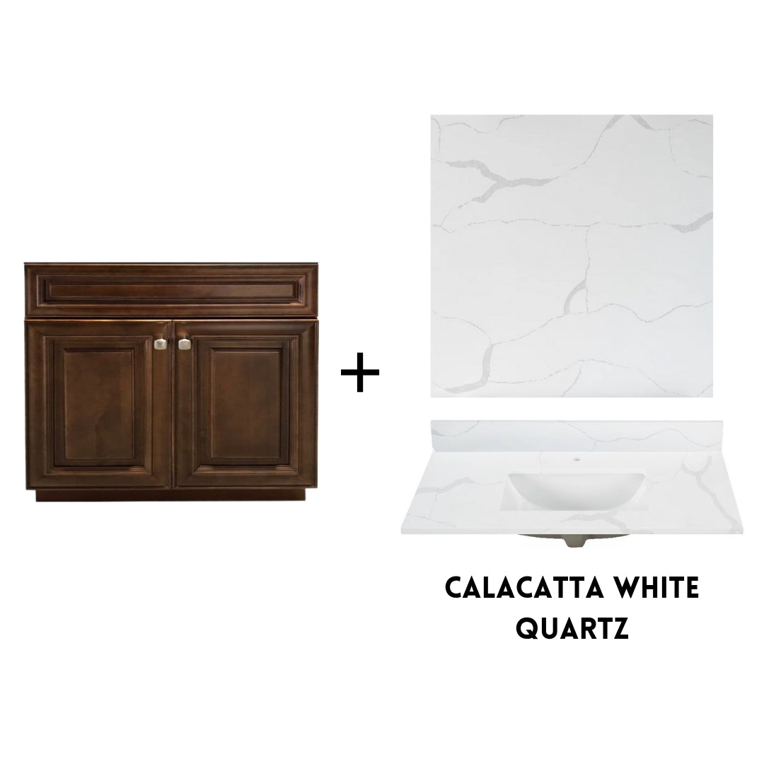 RTA Maple Walnut Raised Panel 36" Freestanding Bathroom Vanity Sink Base with Optional Quartz or Ceramic Countertop