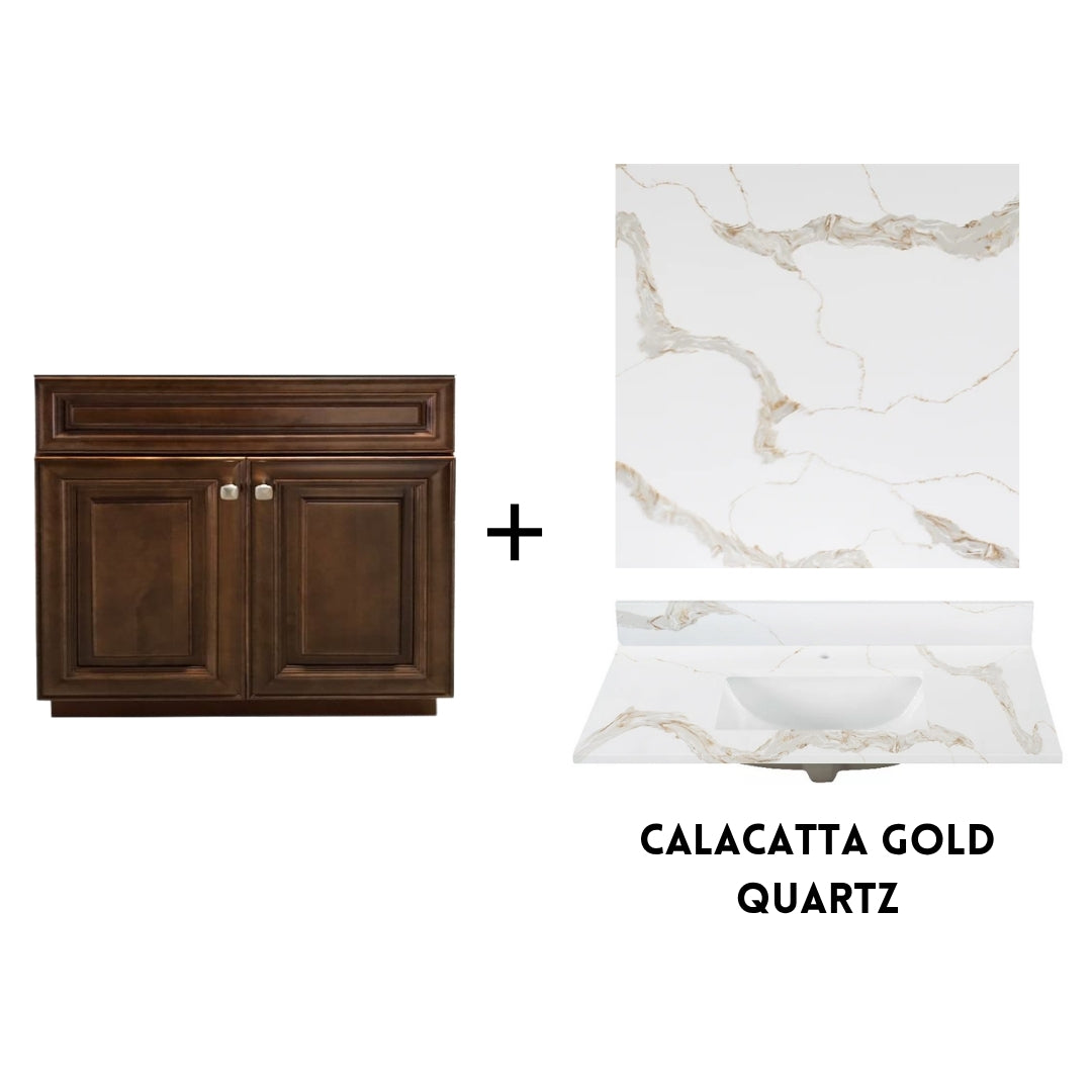 RTA Maple Walnut Raised Panel 36" Freestanding Bathroom Vanity Sink Base with Optional Quartz or Ceramic Countertop