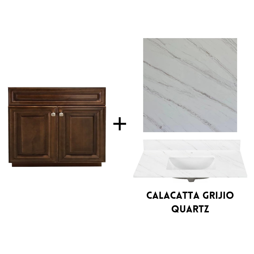 RTA Maple Walnut Raised Panel 36" Freestanding Bathroom Vanity Sink Base with Optional Quartz or Ceramic Countertop