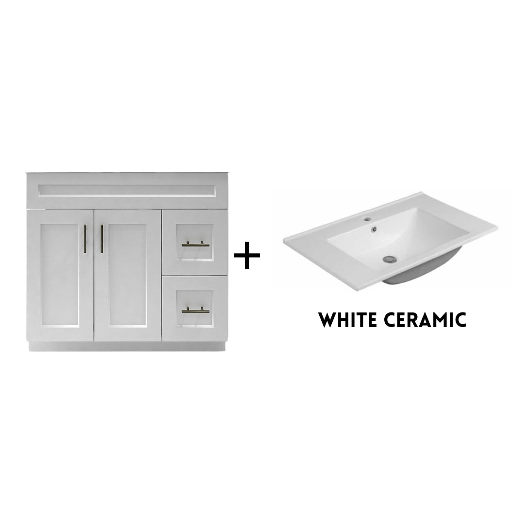 RTA White Shaker 36" Freestanding Bathroom Vanity Combo Base with Optional Quartz or Ceramic Countertop