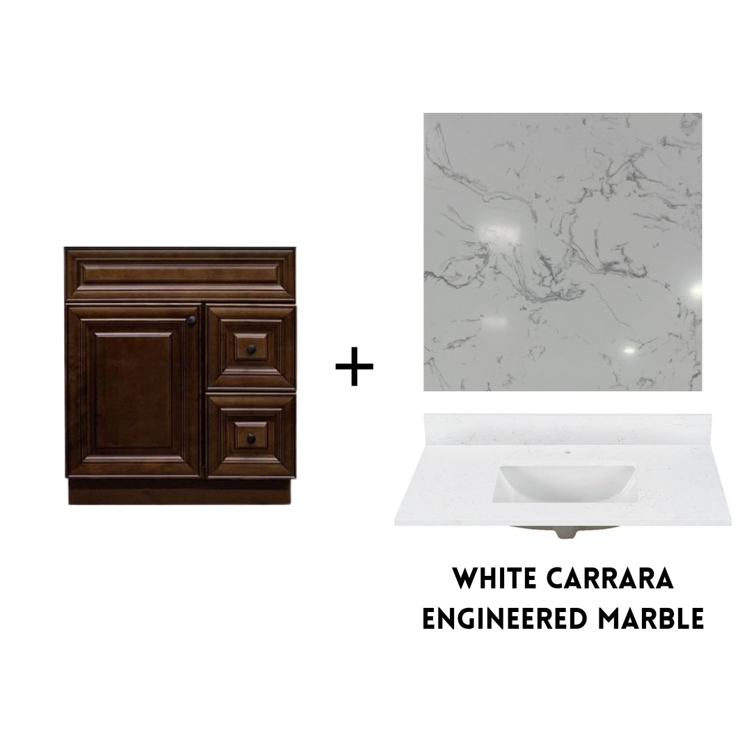 RTA Maple Walnut Raised Panel 30" Freestanding Bathroom Vanity Combo Base with Optional Quartz or Ceramic Countertop