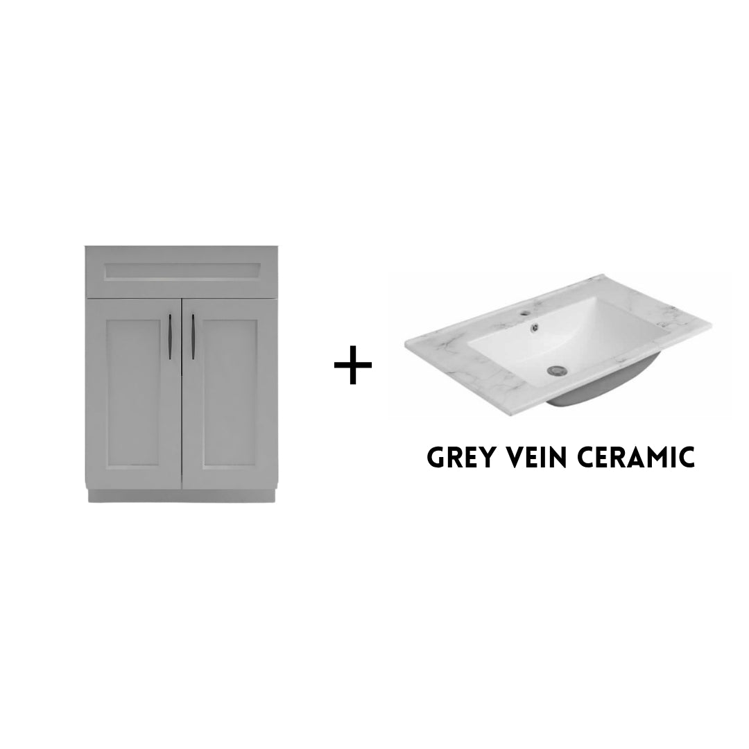 RTA Light Grey Shaker 24" Freestanding Bathroom Vanity Sink Base with Optional Quartz or Ceramic Countertop