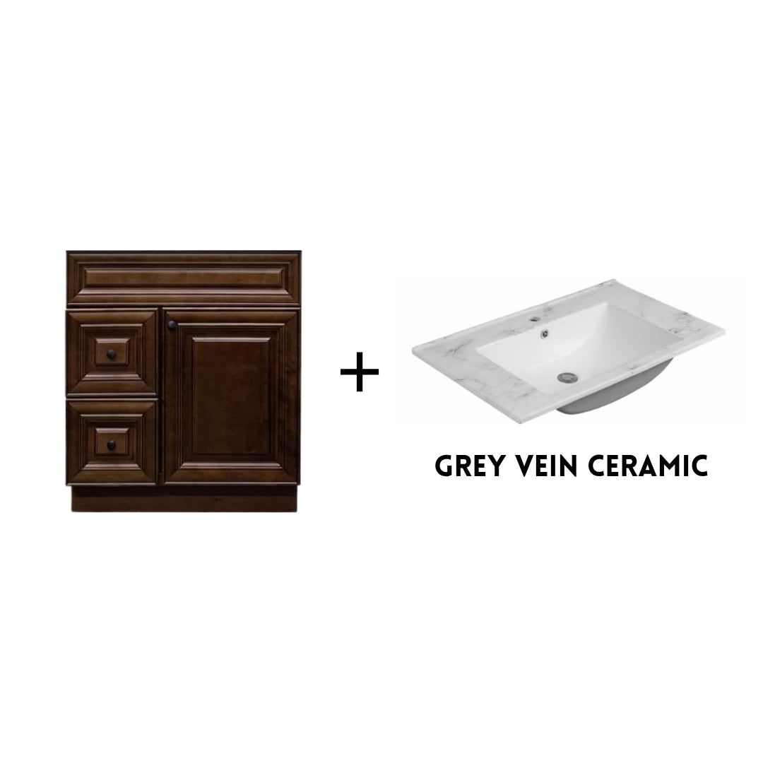 RTA Maple Walnut Raised Panel 30" Freestanding Bathroom Vanity Combo Base with Optional Quartz or Ceramic Countertop