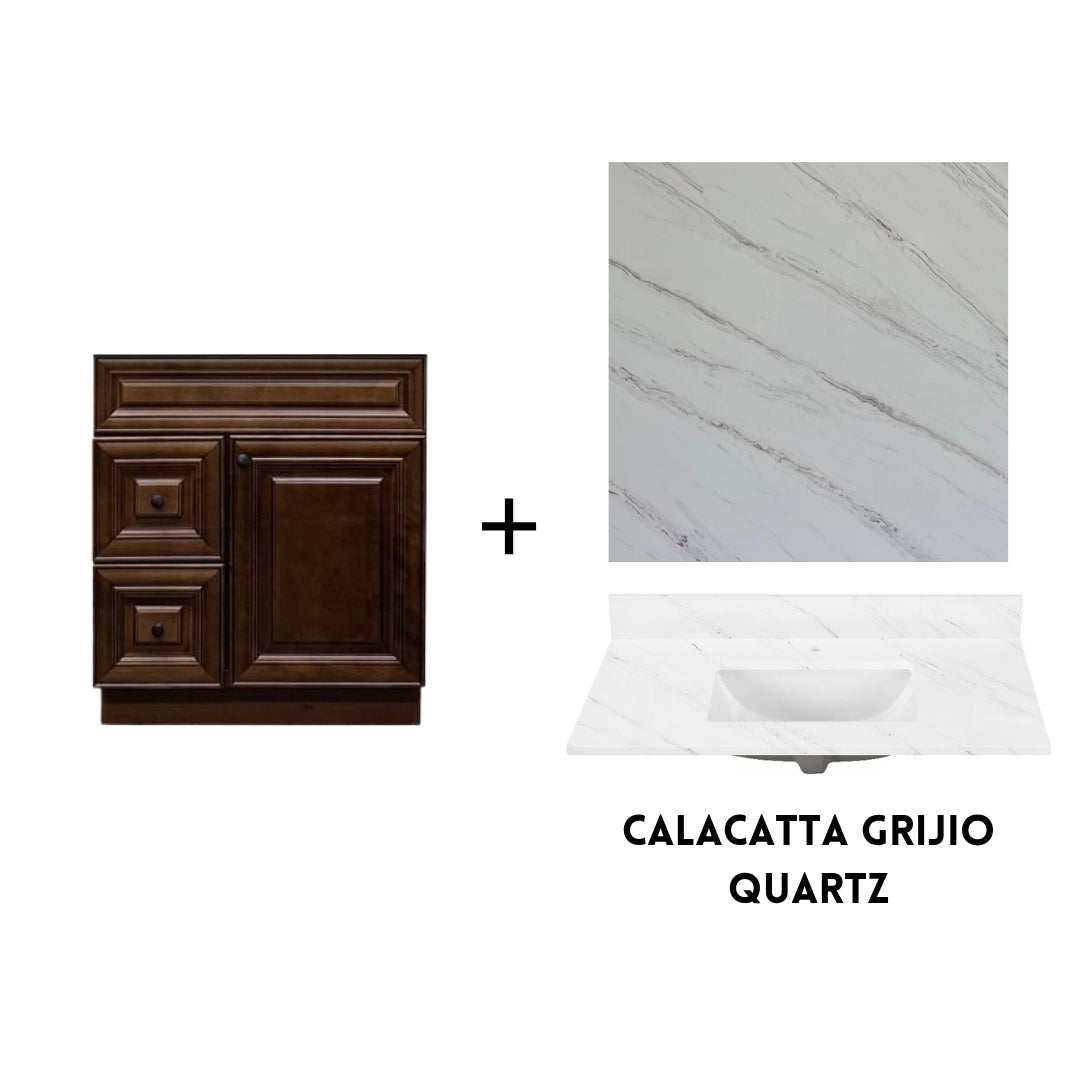 RTA Maple Walnut Raised Panel 30" Freestanding Bathroom Vanity Combo Base with Optional Quartz or Ceramic Countertop