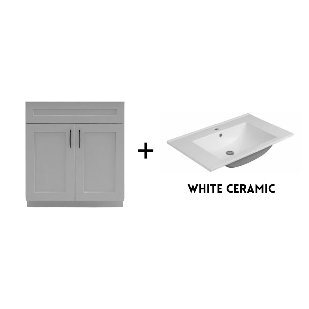RTA Light Grey Shaker 30" Freestanding Bathroom Vanity Sink Base with Optional Quartz or Ceramic Countertop