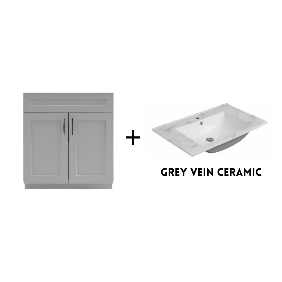 RTA Light Grey Shaker 30" Freestanding Bathroom Vanity Sink Base with Optional Quartz or Ceramic Countertop