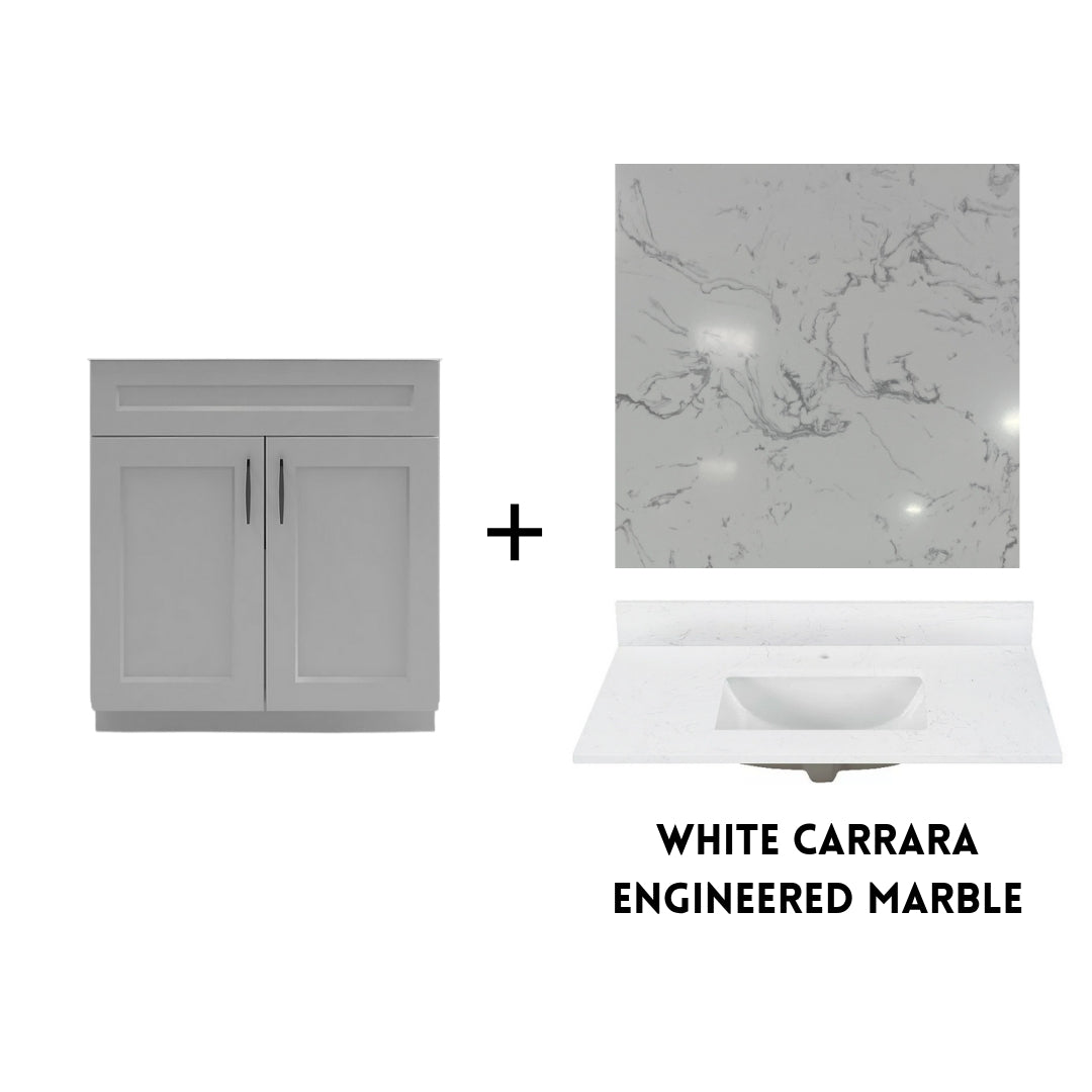 RTA Light Grey Shaker 30" Freestanding Bathroom Vanity Sink Base with Optional Quartz or Ceramic Countertop