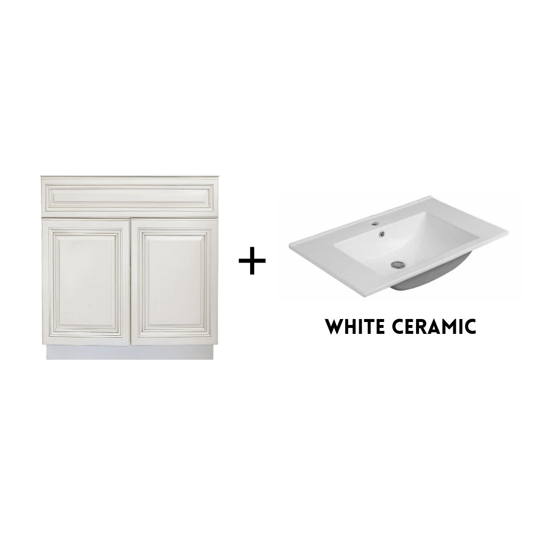 RTA Antique White Raised Panel 30" Freestanding Bathroom Vanity Sink Base with Optional Quartz or Ceramic Countertop