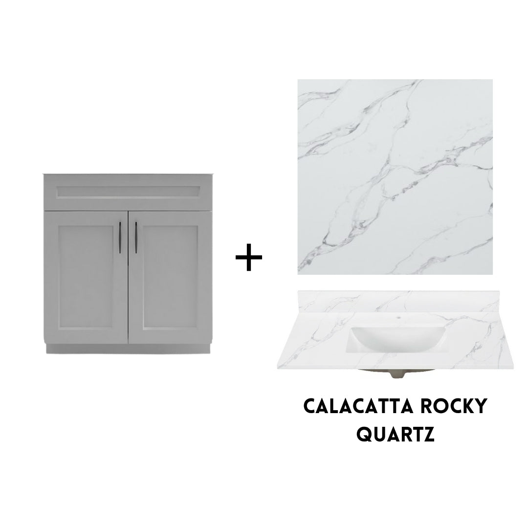 RTA Light Grey Shaker 30" Freestanding Bathroom Vanity Sink Base with Optional Quartz or Ceramic Countertop