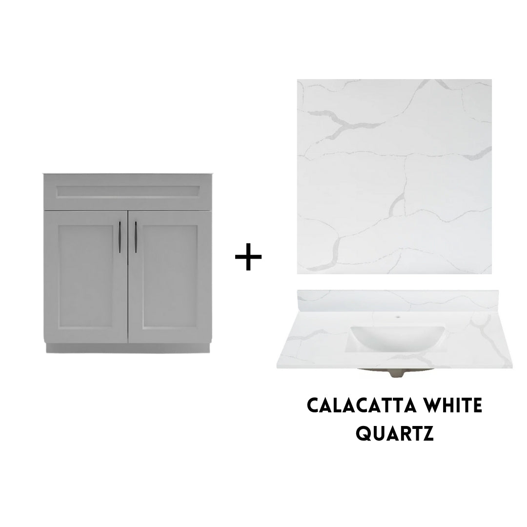 RTA Light Grey Shaker 30" Freestanding Bathroom Vanity Sink Base with Optional Quartz or Ceramic Countertop