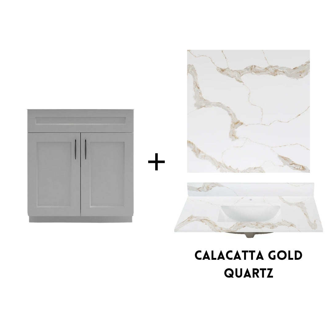 RTA Light Grey Shaker 30" Freestanding Bathroom Vanity Sink Base with Optional Quartz or Ceramic Countertop