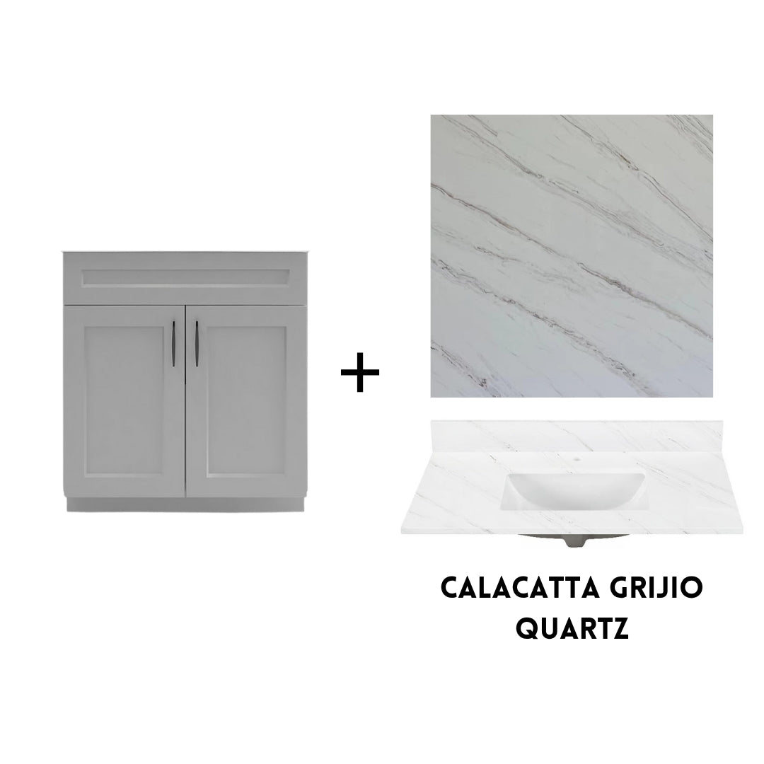 RTA Light Grey Shaker 30" Freestanding Bathroom Vanity Sink Base with Optional Quartz or Ceramic Countertop