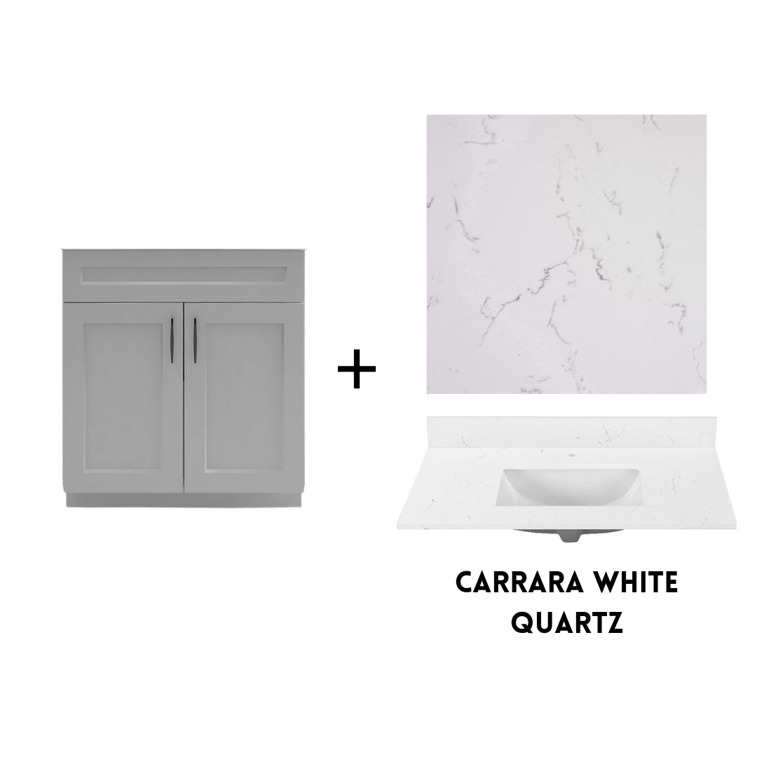 RTA Light Grey Shaker 30" Freestanding Bathroom Vanity Sink Base with Optional Quartz or Ceramic Countertop