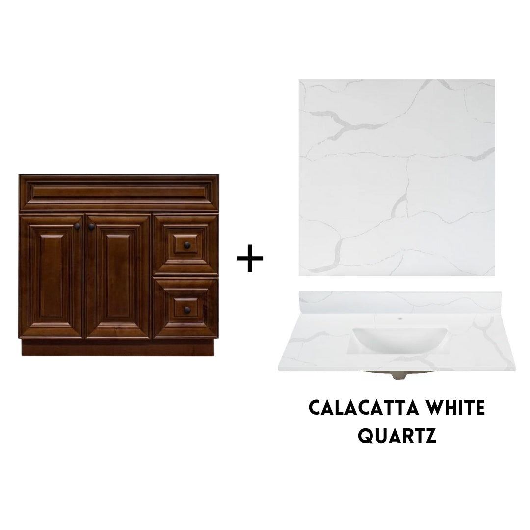 RTA Maple Walnut Raised Panel 36" Freestanding Bathroom Vanity Combo Base with Optional Quartz or Ceramic Countertop