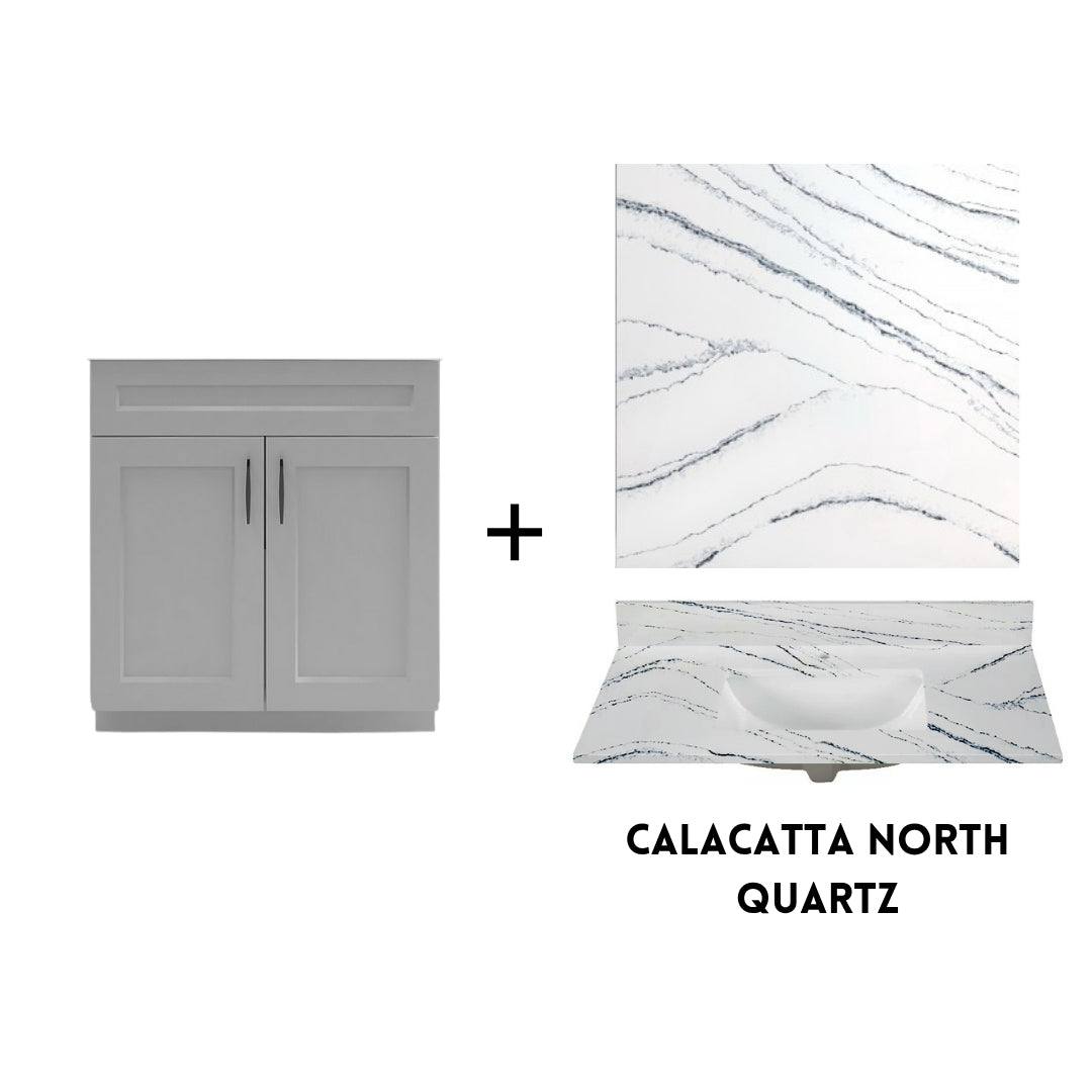 RTA Light Grey Shaker 30" Freestanding Bathroom Vanity Sink Base with Optional Quartz or Ceramic Countertop
