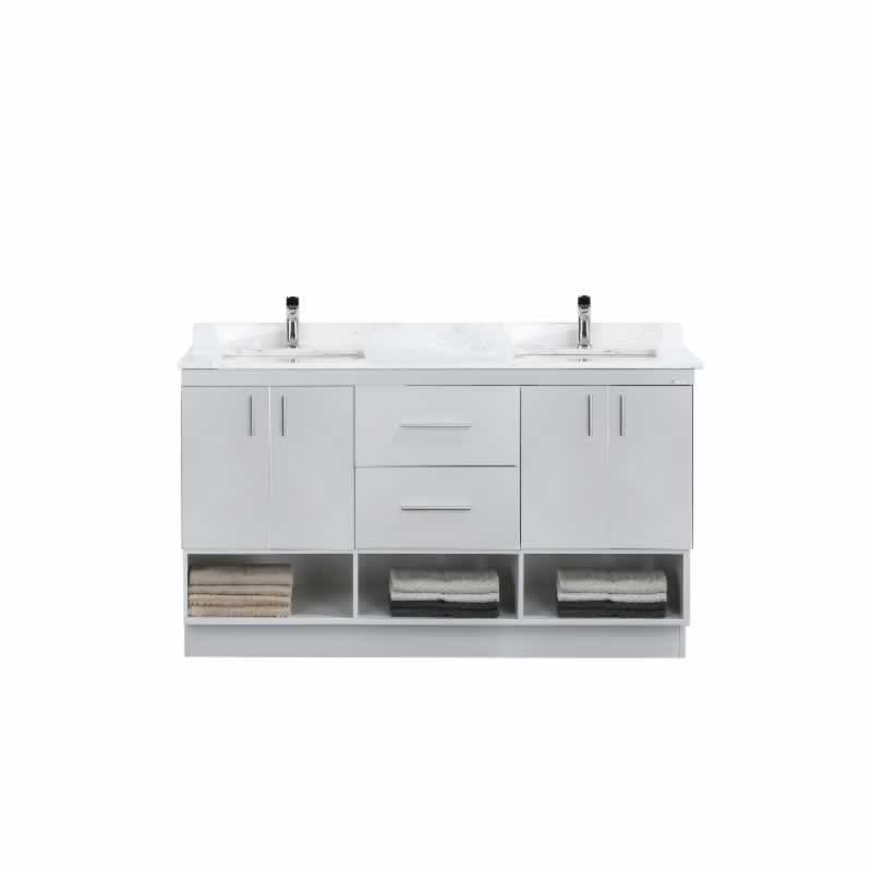 Himmel 60" Freestanding Bathroom Vanity with Carrara Quartz Top and Porcelain Undermount Sinks
