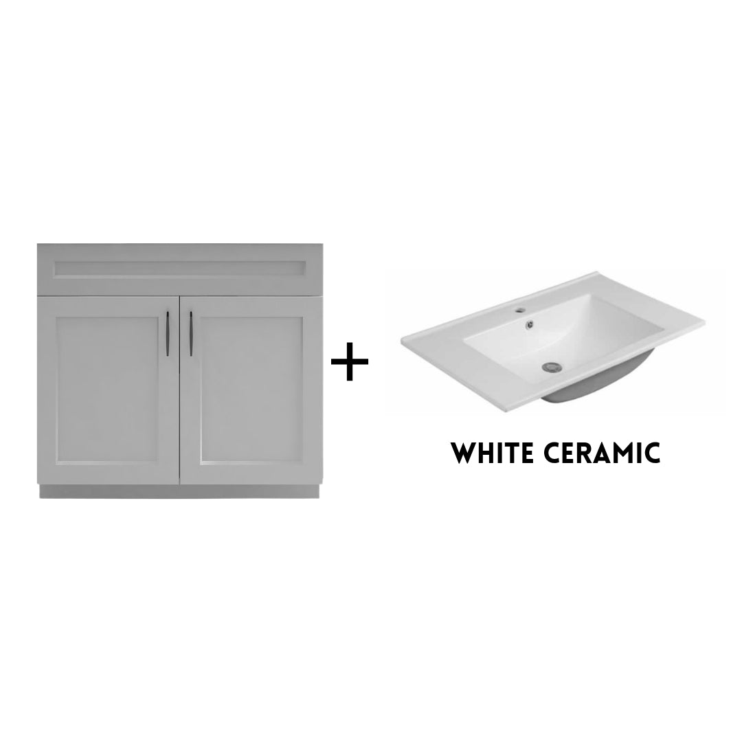 RTA Light Grey Shaker 36" Freestanding Bathroom Vanity Sink Base with Optional Quartz or Ceramic Countertop