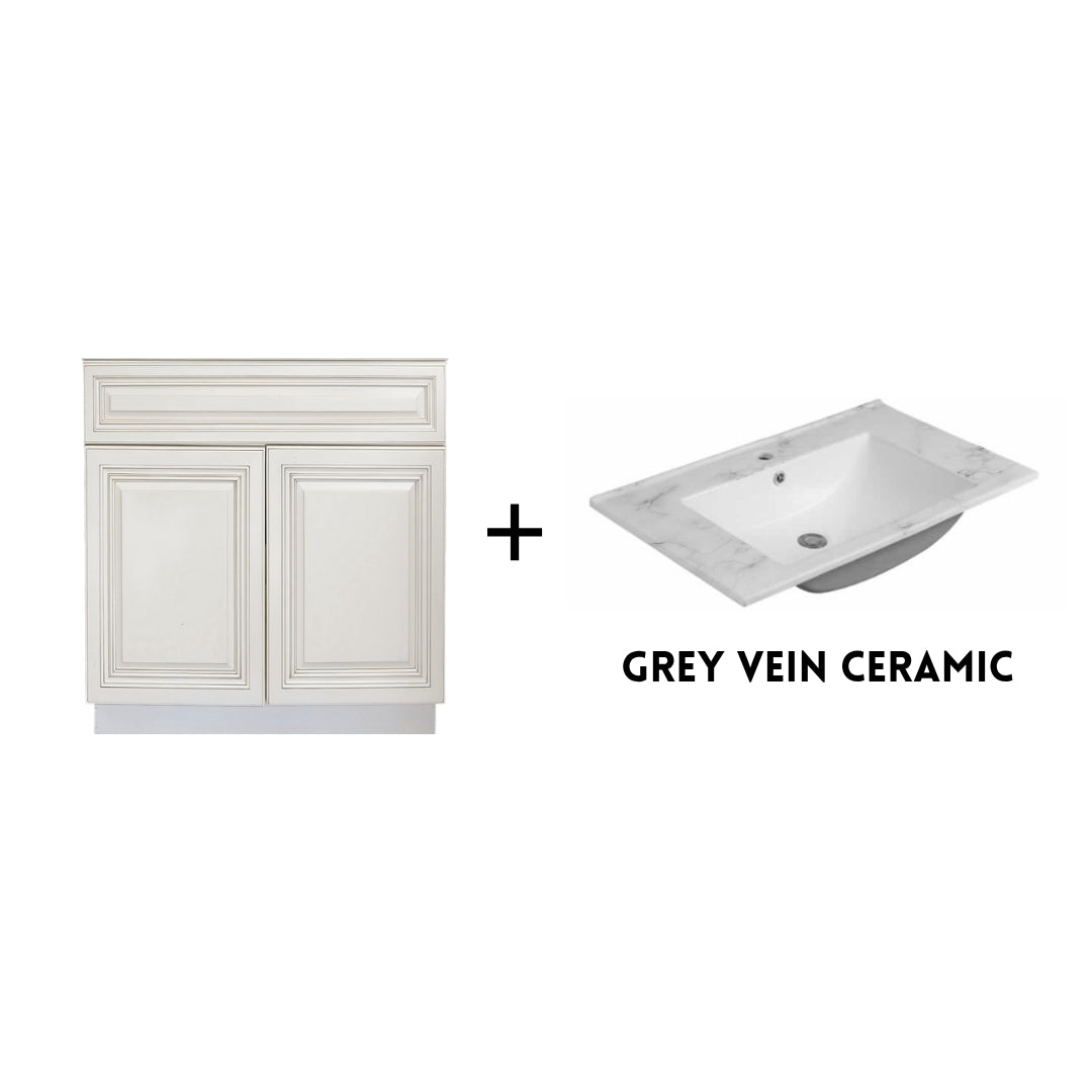 RTA Antique White Raised Panel 30" Freestanding Bathroom Vanity Sink Base with Optional Quartz or Ceramic Countertop