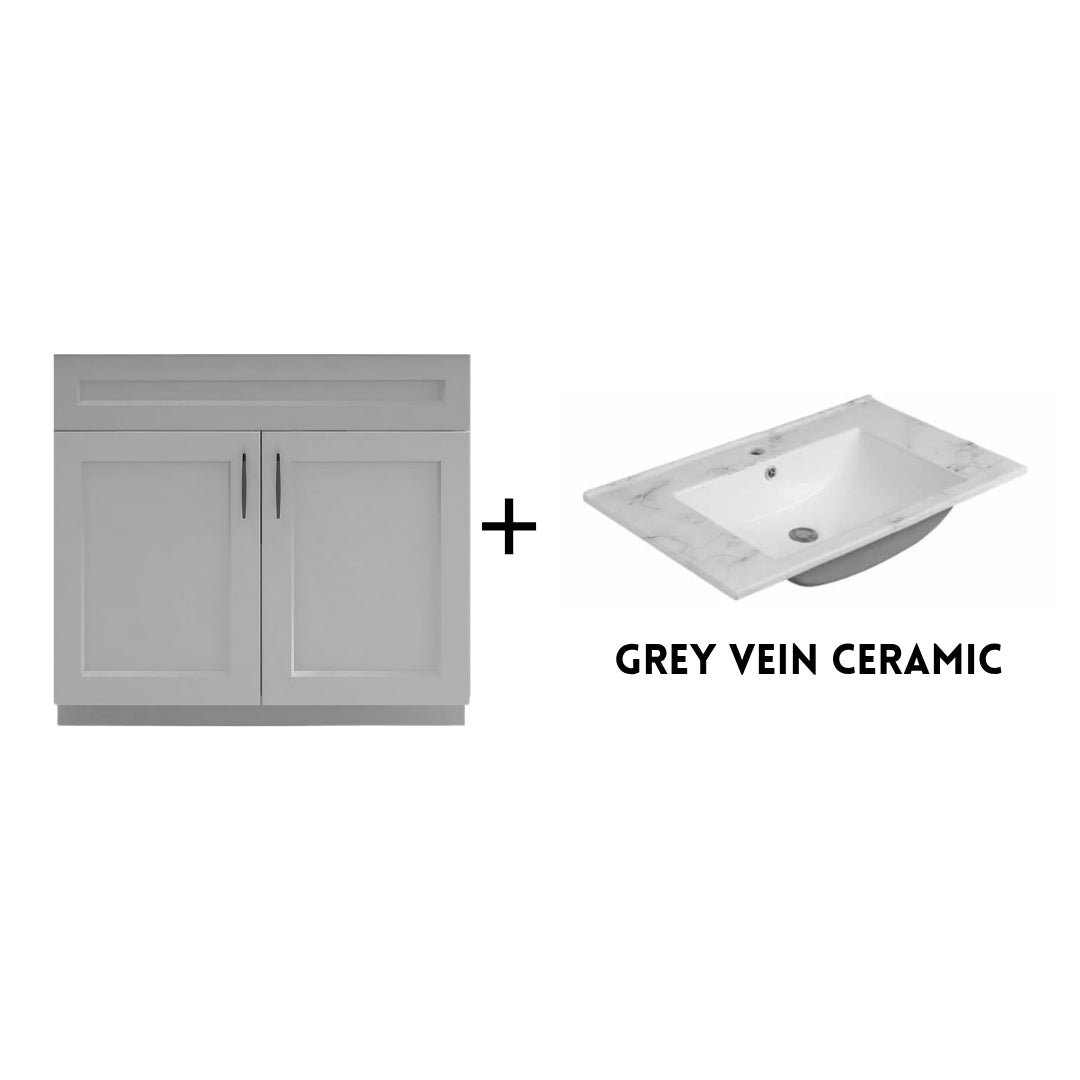RTA Light Grey Shaker 36" Freestanding Bathroom Vanity Sink Base with Optional Quartz or Ceramic Countertop