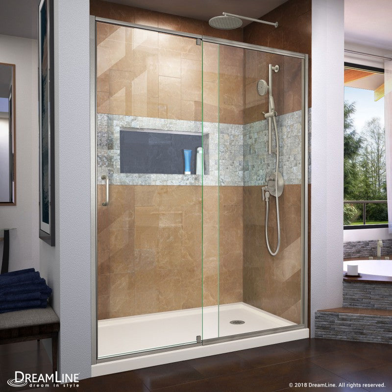 Flex Semi-Frameless Pivot Shower Door Kit with Biscuit Shower Base Pan and Right Drain