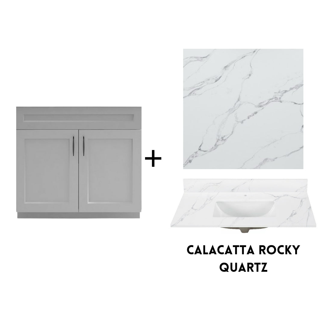 RTA Light Grey Shaker 36" Freestanding Bathroom Vanity Sink Base with Optional Quartz or Ceramic Countertop