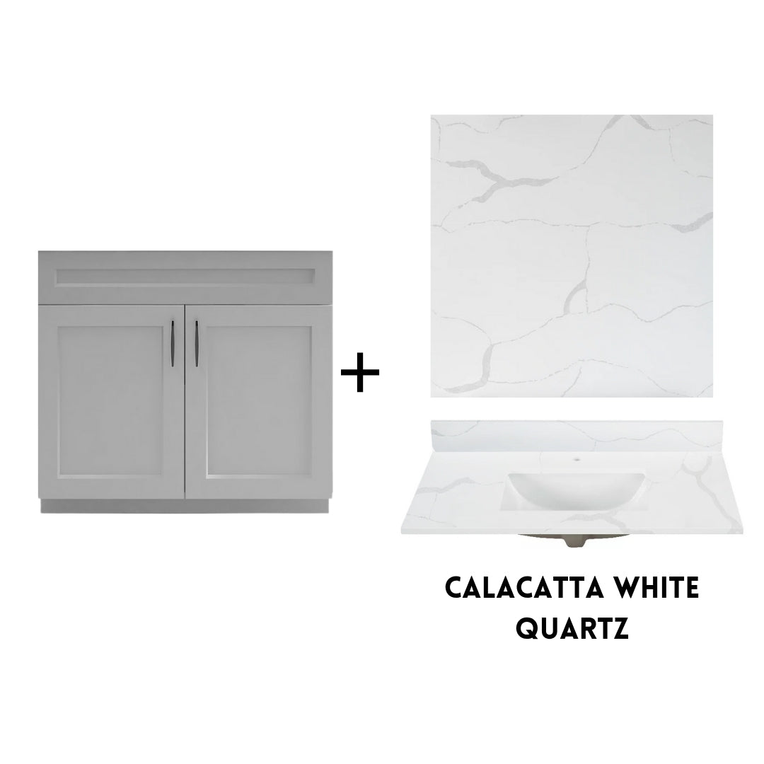 RTA Light Grey Shaker 36" Freestanding Bathroom Vanity Sink Base with Optional Quartz or Ceramic Countertop