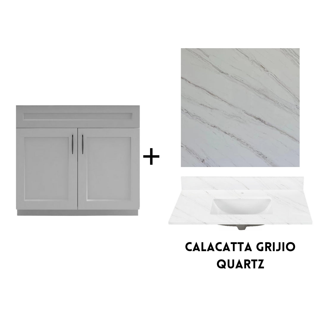 RTA Light Grey Shaker 36" Freestanding Bathroom Vanity Sink Base with Optional Quartz or Ceramic Countertop