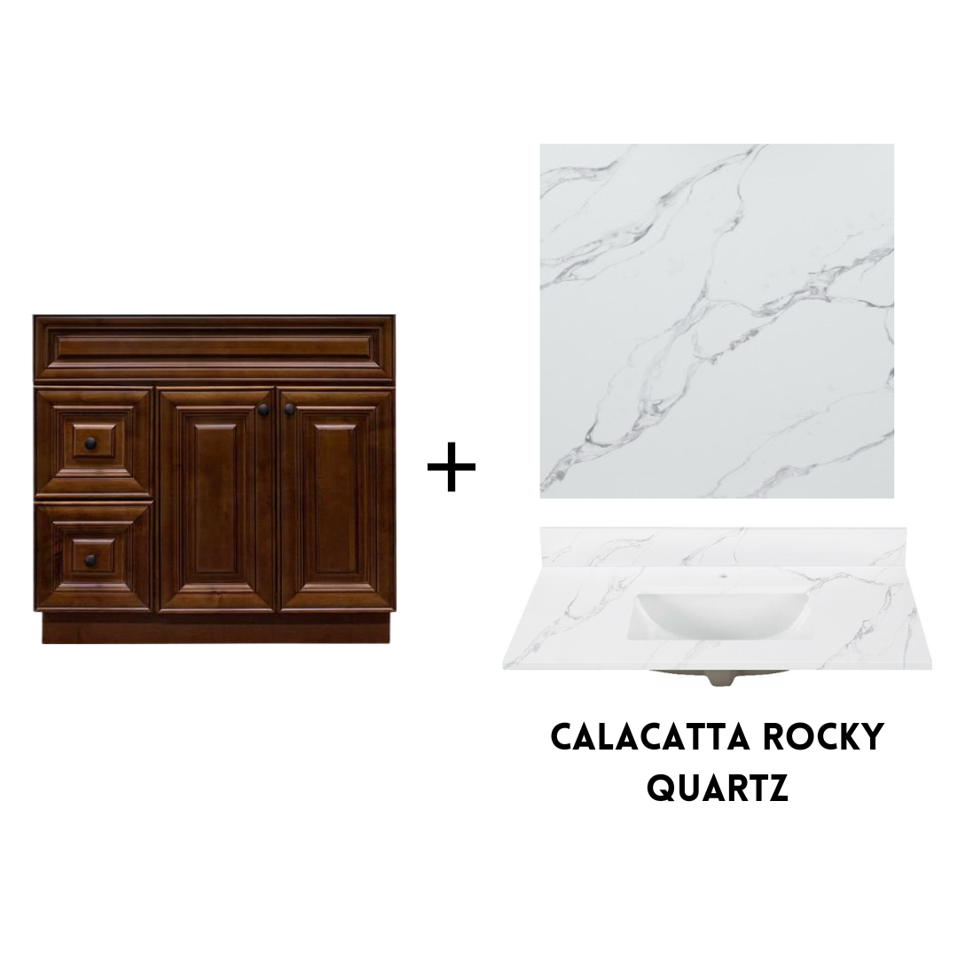 RTA Maple Walnut Raised Panel 36" Freestanding Bathroom Vanity Combo Base with Optional Quartz or Ceramic Countertop
