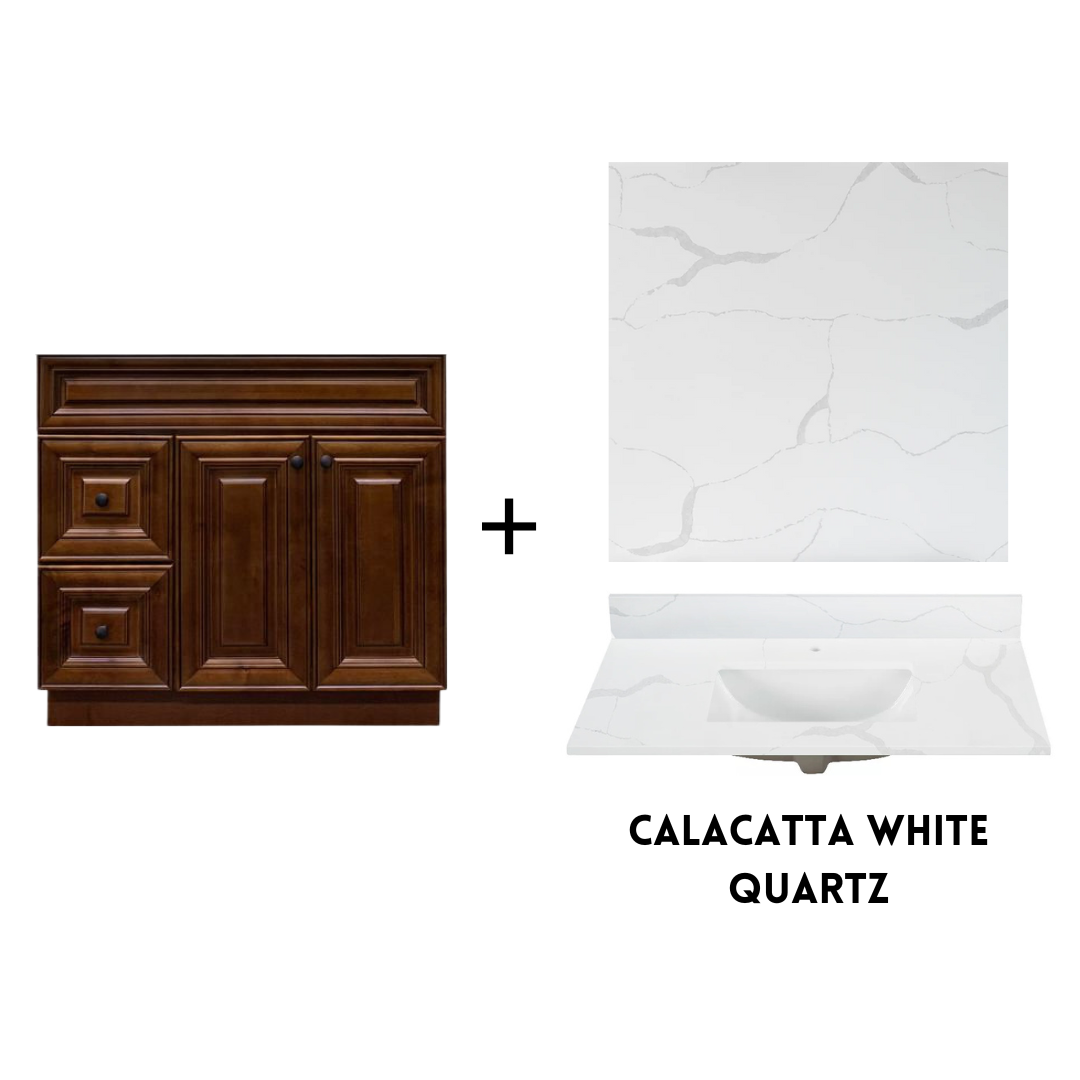 RTA Maple Walnut Raised Panel 36" Freestanding Bathroom Vanity Combo Base with Optional Quartz or Ceramic Countertop