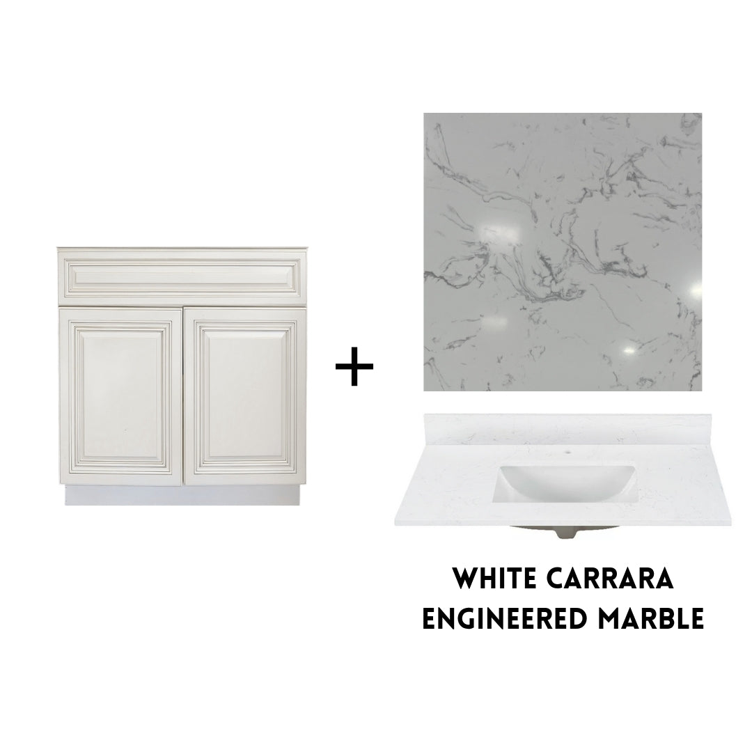 RTA Antique White Raised Panel 30" Freestanding Bathroom Vanity Sink Base with Optional Quartz or Ceramic Countertop