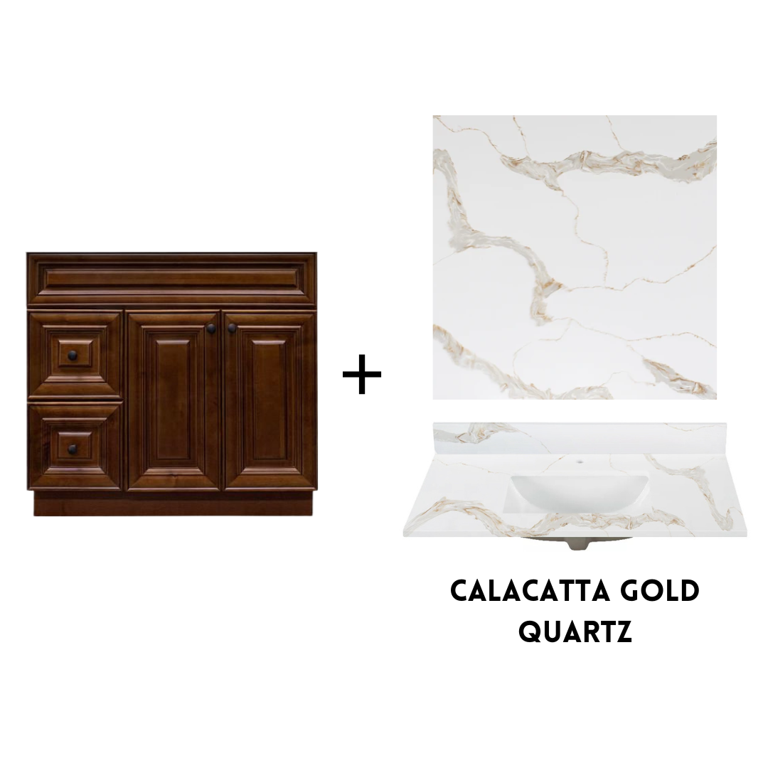 RTA Maple Walnut Raised Panel 36" Freestanding Bathroom Vanity Combo Base with Optional Quartz or Ceramic Countertop